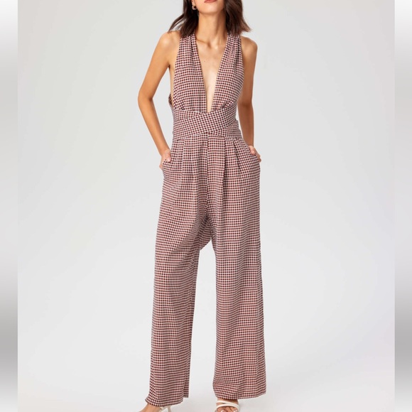 Cider Brown Gingham Plunge V-Neck One Piece Wide Leg Pantsuit Jumpsuit Size XL - Picture 3 of 16